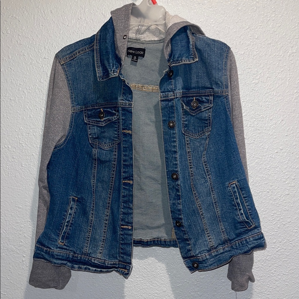 New Look Blue Denim Jacket with Gray Hoodie Sleeves